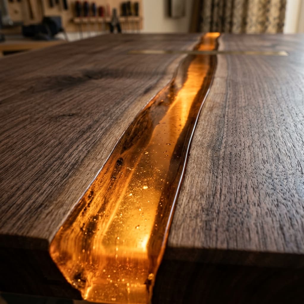 Detalhe de acabamento em madeira e resina